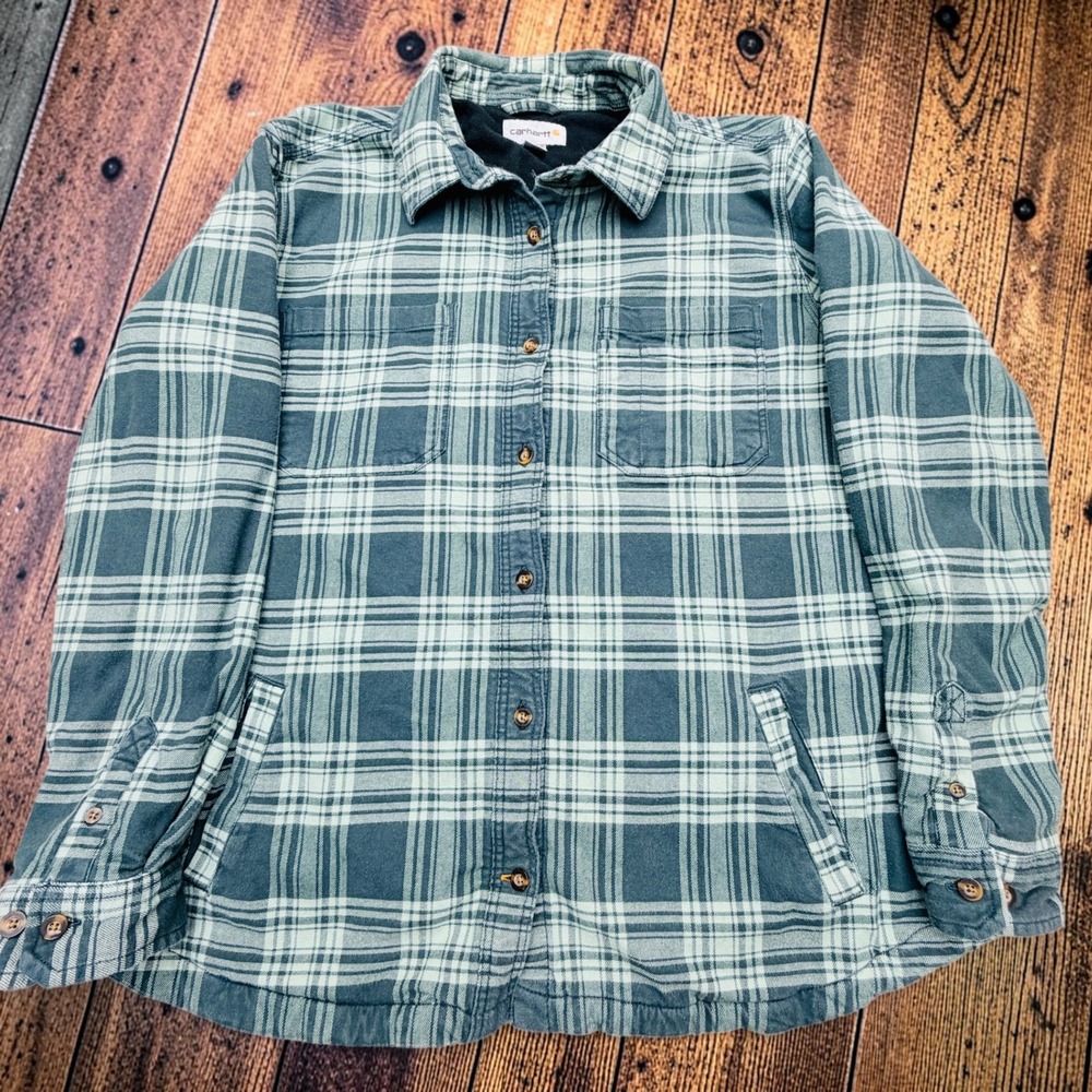 Carhartt Green Tartan Plaid Fleece Lined Flannel Shirt Jacket Womens XL 16-18